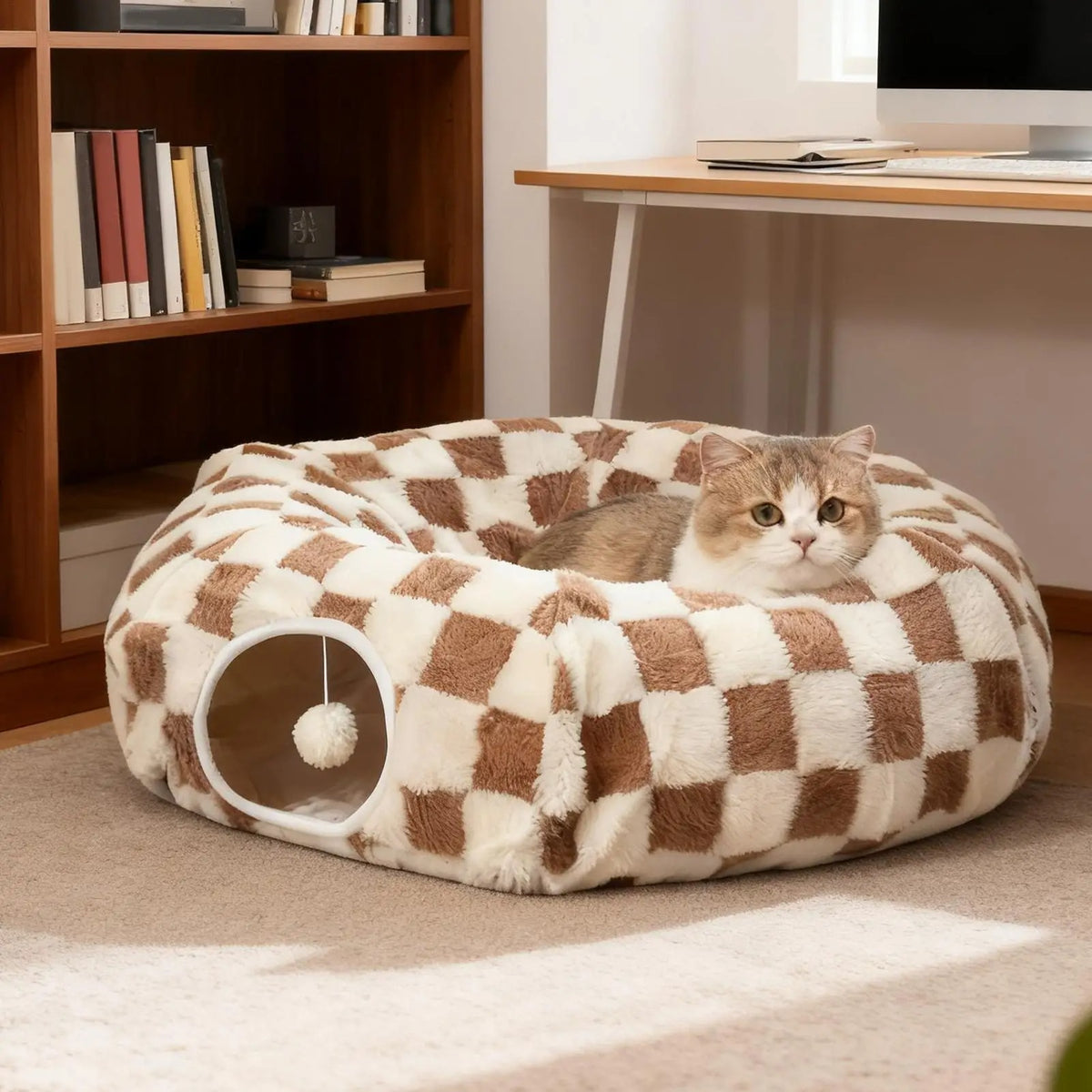 Interactive 2-in-1 Cat Tunnel Bed – Convertible Round Donut Cave with Hanging Toy Ball for Indoor Cats & Kittens