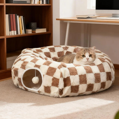 Interactive 2-in-1 Cat Tunnel Bed – Convertible Round Donut Cave with Hanging Toy Ball for Indoor Cats & Kittens