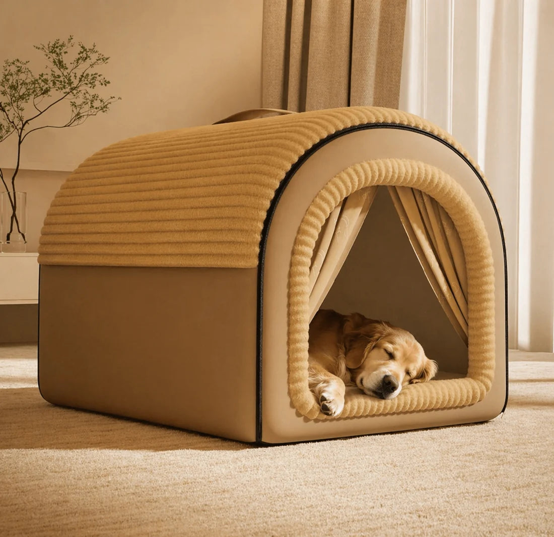Cozy Enclosed Dog House – Warm Covered Indoor Pet Cave with Privacy Curtains and Cushion