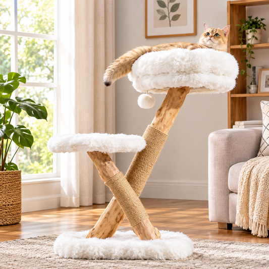 Cozy Modern Cat Tree – Elevated Perch Lounger With Scratching Post and Hanging Ball