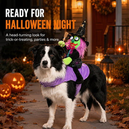 Riding Witch Pet Halloween Costume – 3D Doll Saddle Harness For Dogs And Cats