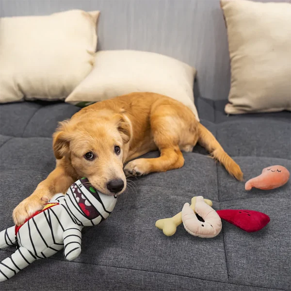 Halloween Mummy Dog Toy – Interactive Squeaky Plush Hide-and-Seek Burrow Puzzle with Removable Organs for Playful Pets