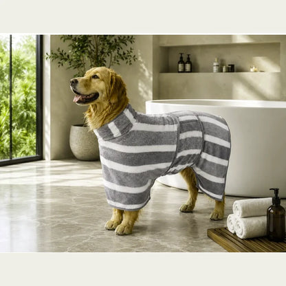 Striped Fast-Drying Dog Bathrobe – High-Neck Pet Drying Coat for Post-Bath Grooming