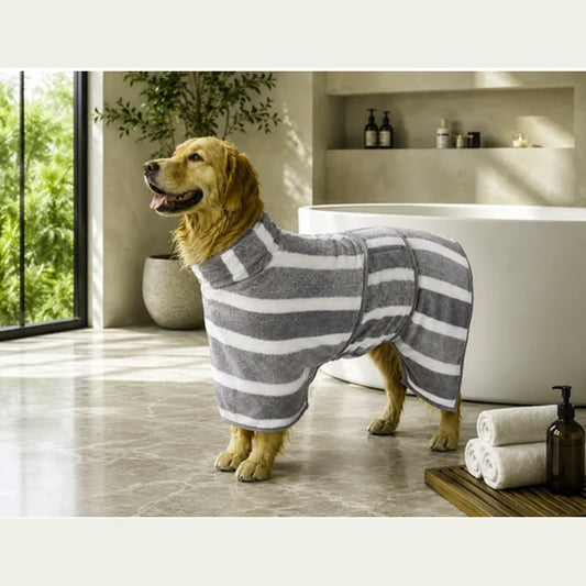 Striped Fast-Drying Dog Bathrobe – High-Neck Pet Drying Coat for Post-Bath Grooming