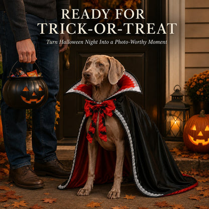 Vampire Cape Dog Halloween Costume – Dracula Cloak with Lace Trim Collar and Bat Bowknot for Parties