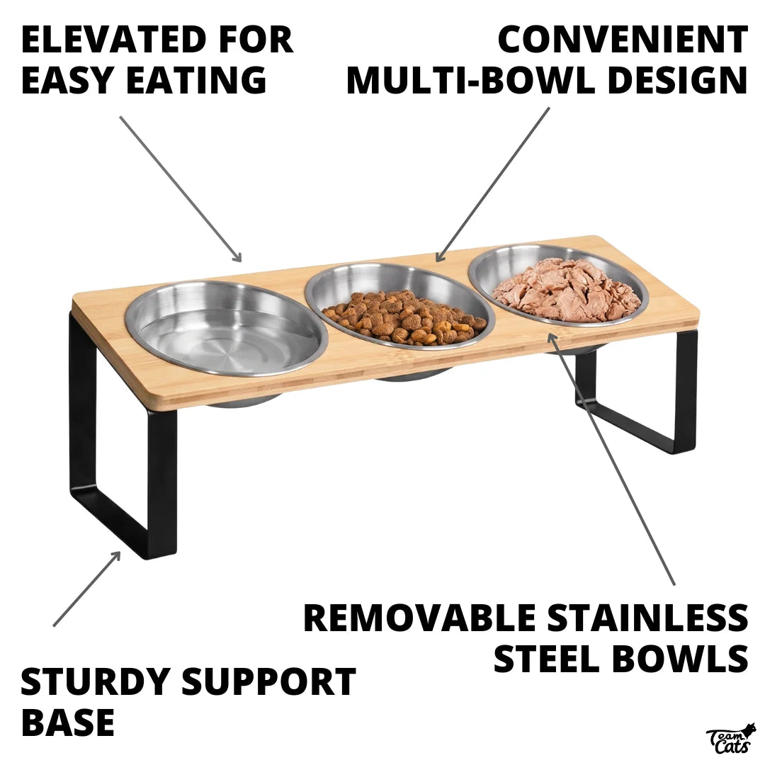 Elevated Tilted Cat Feeder – 3-Bowl Neck-Protection Food and Water Station with Spill-Proof Mat