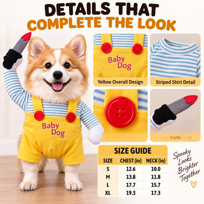 Spooky Doll Pet Halloween Costume – Funny Walking Illusion Outfit with Faux Knife for Parties and Photos