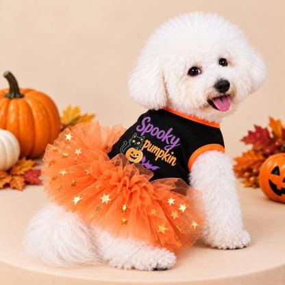 Halloween Tutu Dog Dress – Festive Pumpkin Star Print Costume Outfit for Holiday Parties