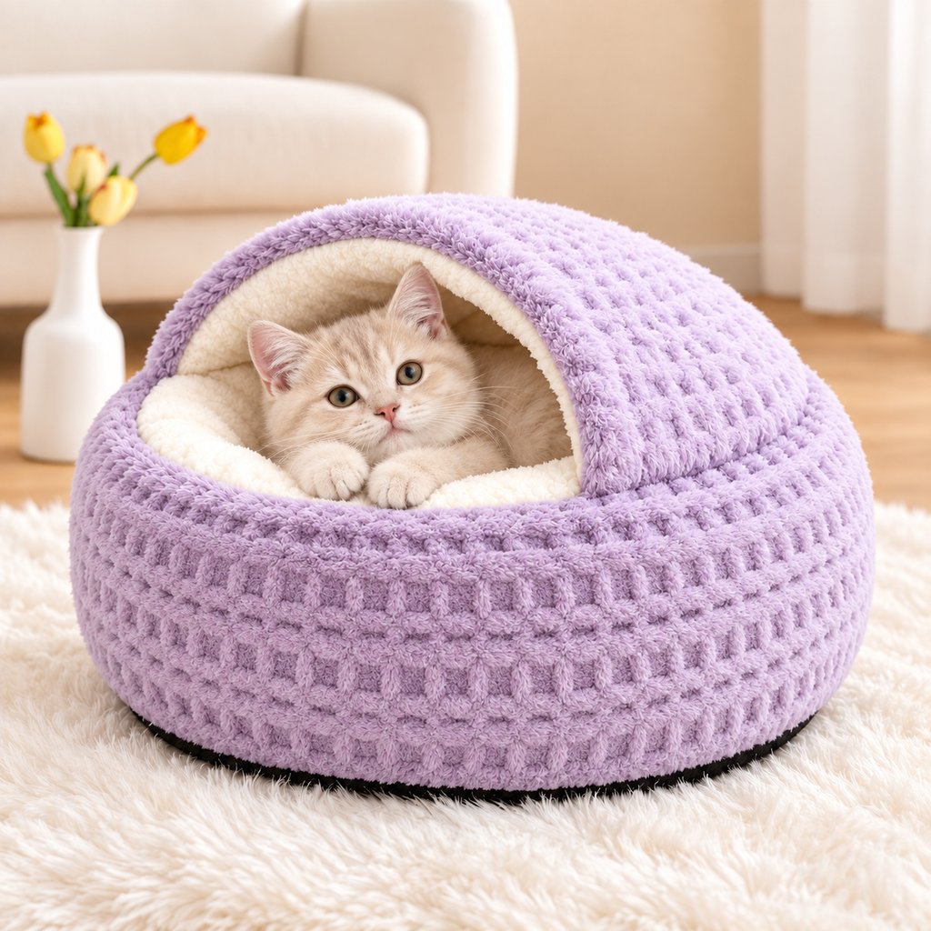Calming Hooded Cat Cave Bed – Semi-Enclosed Covered Sleeping Dome Nest for Indoor Pets