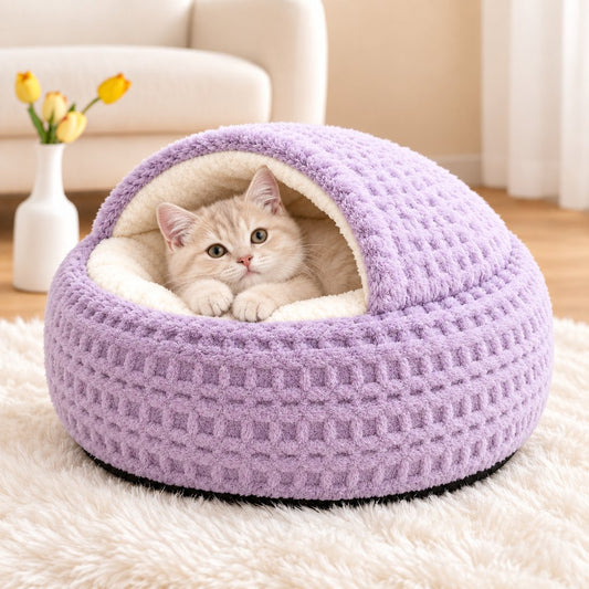 Calming Hooded Cat Cave Bed – Semi-Enclosed Covered Sleeping Dome Nest for Indoor Pets