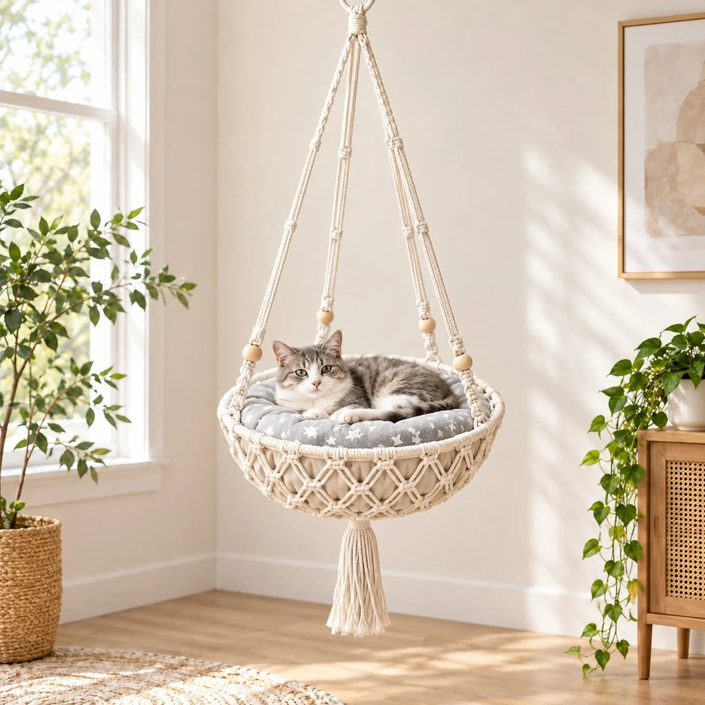Cozy Hanging Cat Bed – Elevated Indoor Hammock Perch with Star-Pattern Cushion