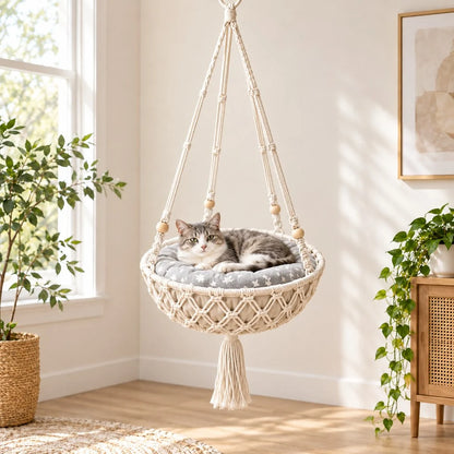 Cozy Hanging Cat Bed – Elevated Indoor Hammock Perch with Star-Pattern Cushion