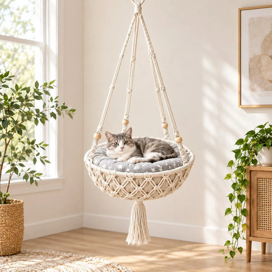Cozy Hanging Cat Bed – Elevated Indoor Hammock Perch with Star-Pattern Cushion