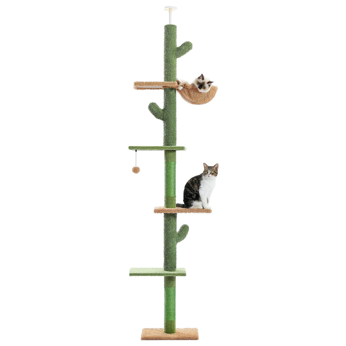 Cactus Floor-to-Ceiling Cat Tree – Tall Indoor Climbing Tower with Scratching Post Hammock and Hanging Ball