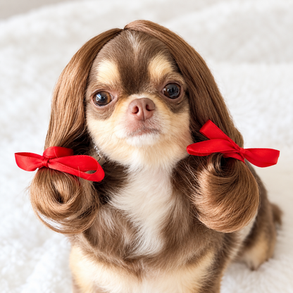 Halloween Funny Pet Wig – Cute Red Ribbon Pigtail Costume Headwear for Dog Cosplay Photos
