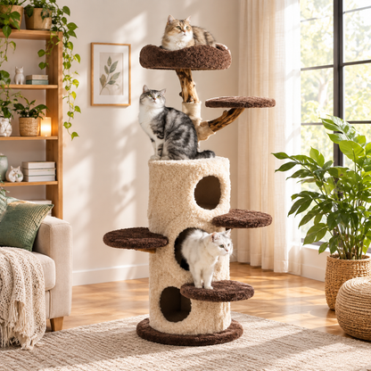 Multi-Level Condo Cat Tree – Climbing Tower with Scratching Ramp Hammock and Lounging Perch