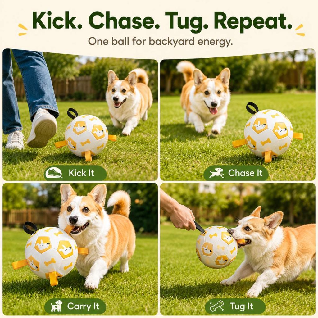 Interactive Grab-Tab Dog Soccer Ball – Backyard Fetch, Chase & Tug Toy for Active Dogs