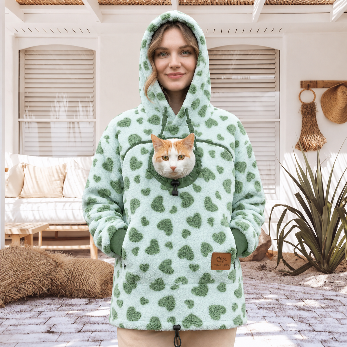 Hands-Free Cuddle Fleece Pattern Pet Carrier Hoodie – Kangaroo Pouch Sweatshirt with Cinch Head Opening and Zipper Pockets