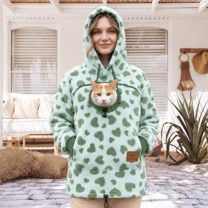 Hands-Free Cuddle Fleece Pattern Pet Carrier Hoodie – Kangaroo Pouch Sweatshirt with Cinch Head Opening and Zipper Pockets