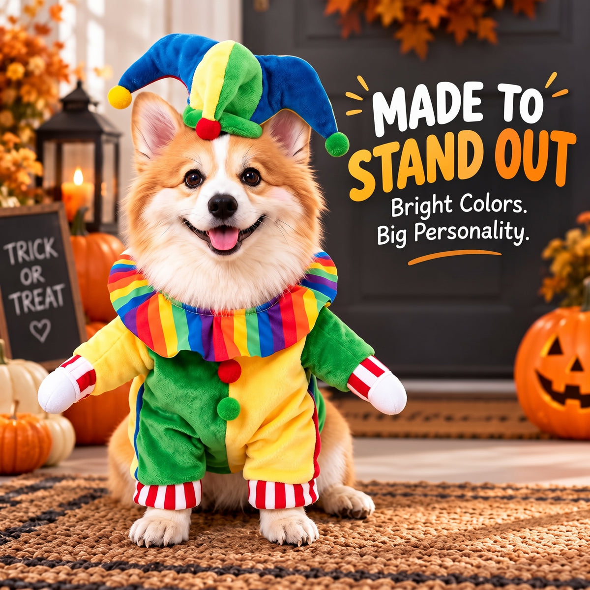 Jester Clown Dog Costume – Funny Halloween Pet Outfit with Jester Hat and Rainbow Ruffle Collar