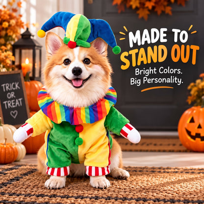 Jester Clown Dog Costume – Funny Halloween Pet Outfit with Jester Hat and Rainbow Ruffle Collar