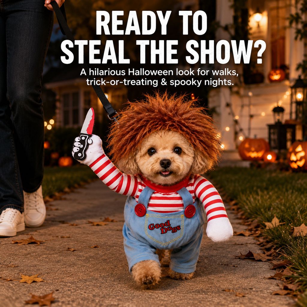 Scary Doll Dog Costume – Walking Illusion Pet Outfit with Wig & Prop Toy Knife for Halloween Trick-or-Treating