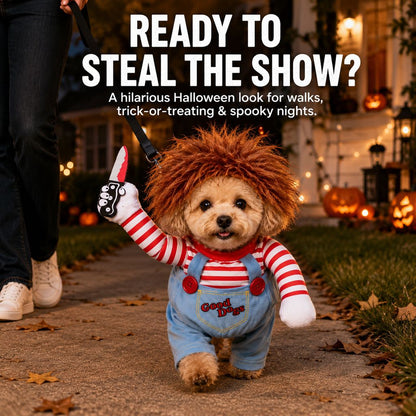 Scary Doll Dog Costume – Walking Illusion Pet Outfit with Wig & Prop Toy Knife for Halloween Trick-or-Treating