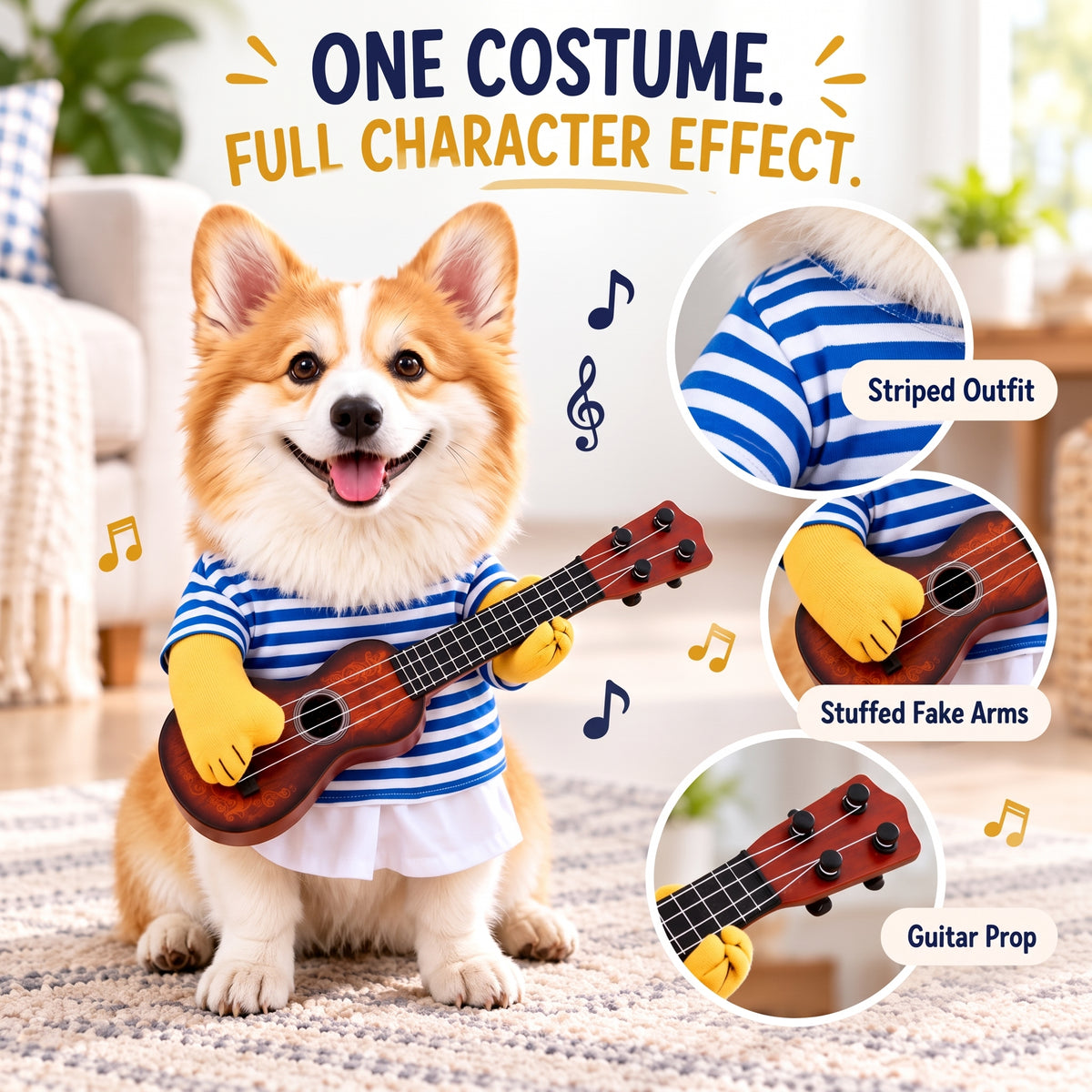 Funny Guitar Dog Costume – Standing Musician Outfit with Prop Instrument for Halloween Party Photos