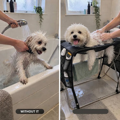 Folding Dog Grooming Hammock Stand – Restraint Station with Pockets for Pet Nail Trimming and Bathing
