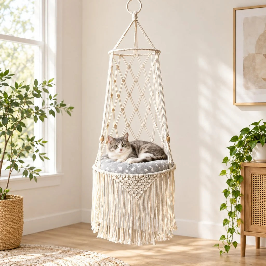 Cozy Hanging Cat Bed – Elevated Indoor Hammock Perch with Star-Pattern Cushion