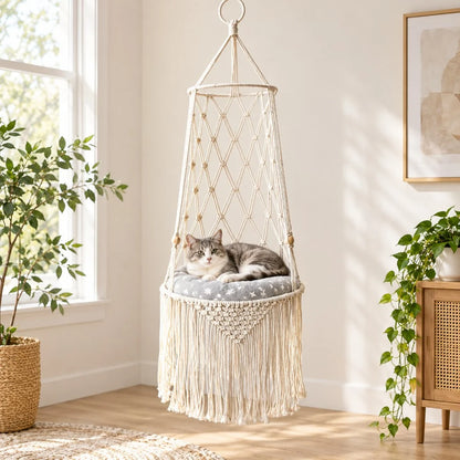 Cozy Hanging Cat Bed – Elevated Indoor Hammock Perch with Star-Pattern Cushion