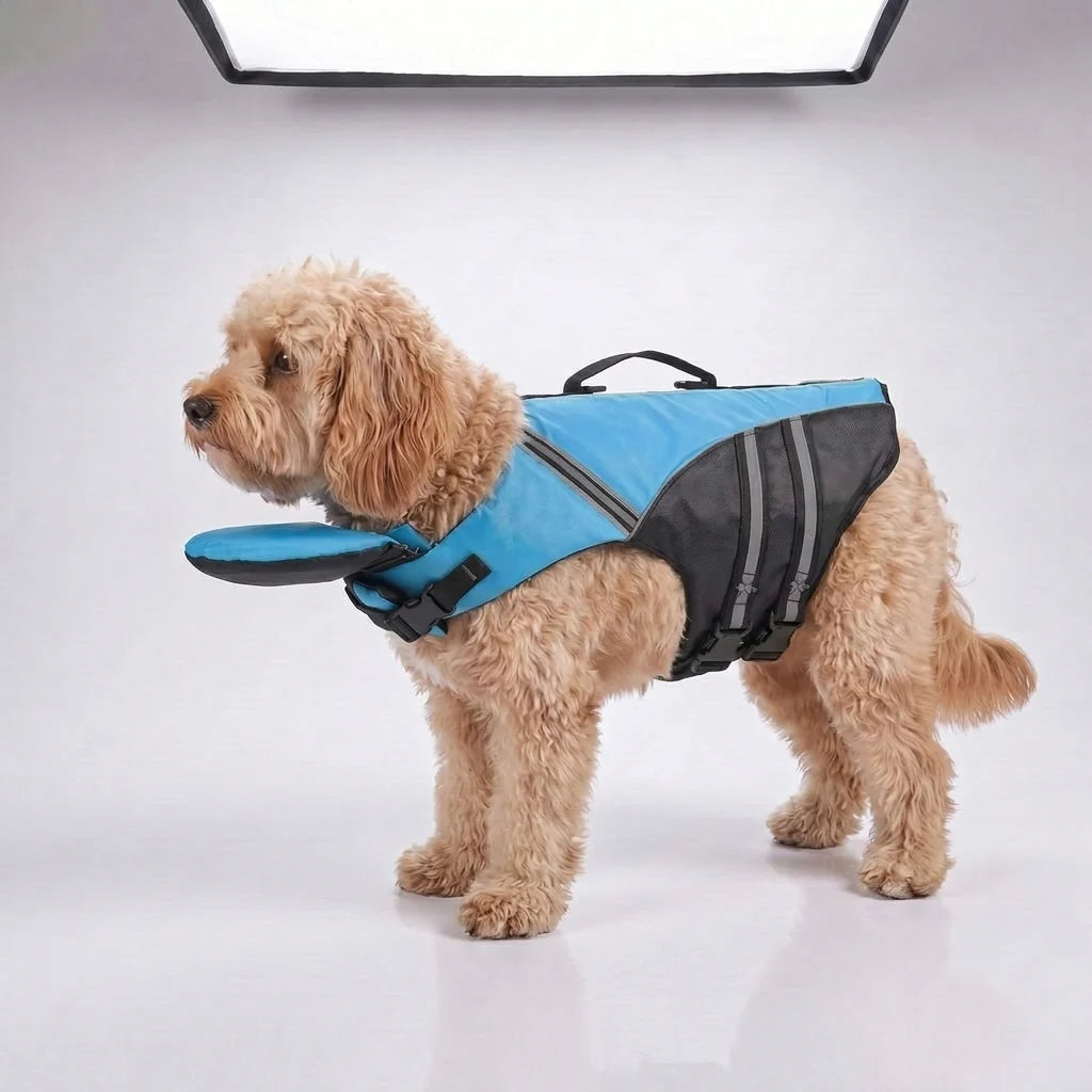 Buoyant Chin-Rest Dog Life Jacket – High-Visibility Swim Vest with Rescue Grab Handle and Reflective Safety Accents