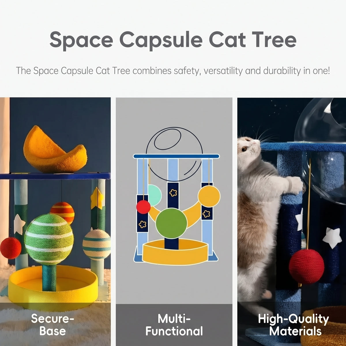 Space Capsule Cat Tree – Clear Dome Perch with Hammock Bed and Scratching Posts for Indoor Kittens