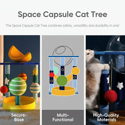 Space Capsule Cat Tree – Clear Dome Perch with Hammock Bed and Scratching Posts for Indoor Kittens