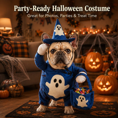 Glow Ghost Pet Costume – Luminous Trick-or-Treat Cosplay Apparel with Hat and Treat Bucket