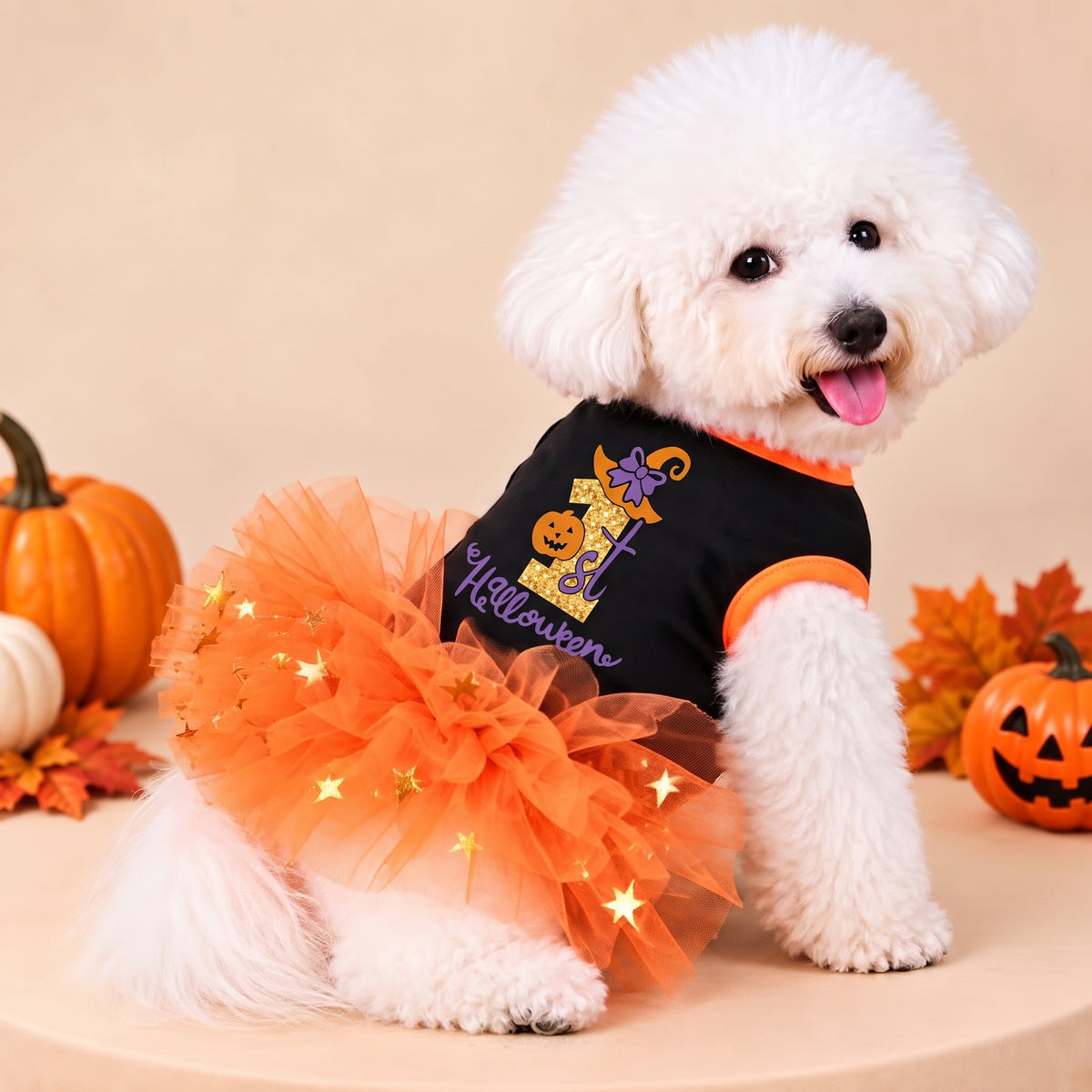 Halloween Tutu Dog Dress – Festive Pumpkin Star Print Costume Outfit for Holiday Parties