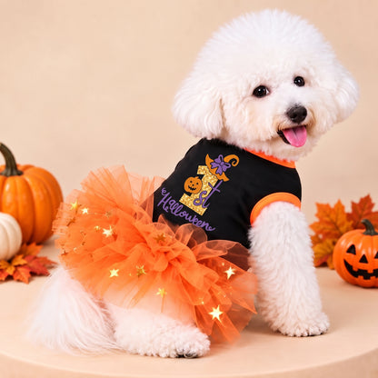 Halloween Tutu Dog Dress – Festive Pumpkin Star Print Costume Outfit for Holiday Parties