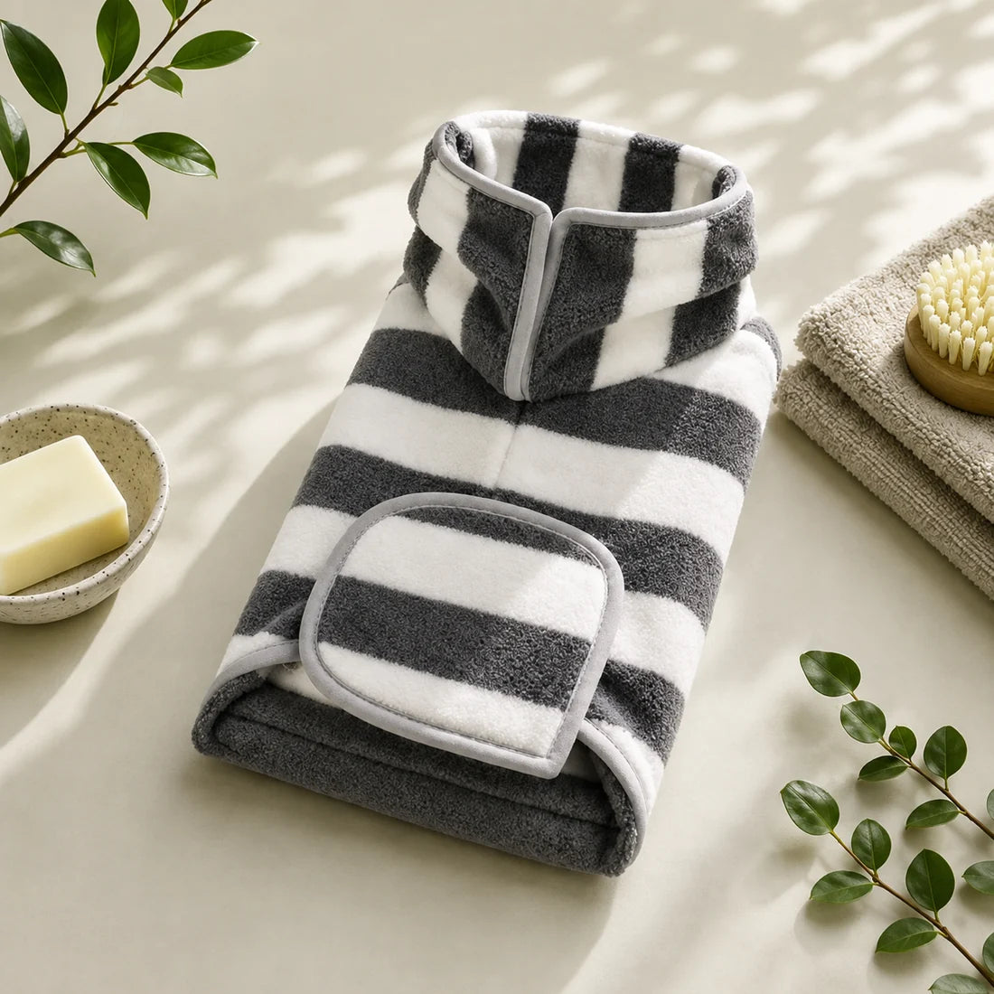 Striped Fast-Drying Dog Bathrobe – High-Neck Pet Drying Coat for Post-Bath Grooming