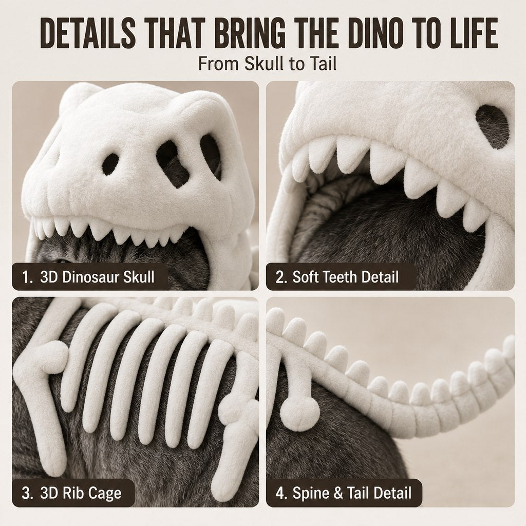 Dinosaur Skeleton Pet Costume – Halloween 3D Skull Hood Cat Cosplay Outfit