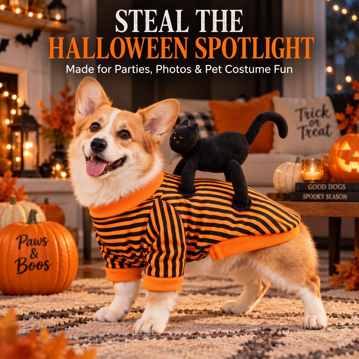 Cat Rider Halloween Dog Costume – Striped Orange-and-Black Pullover Outfit for Trick-or-Treating and Pet Parties