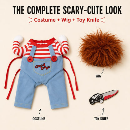 Scary Doll Dog Costume – Walking Illusion Pet Outfit with Wig & Prop Toy Knife for Halloween Trick-or-Treating