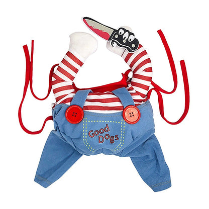 Spooky Cosplay Pet Halloween Costume – Striped Overalls Jumpsuit with Toy Knife for Holiday Dress-Up
