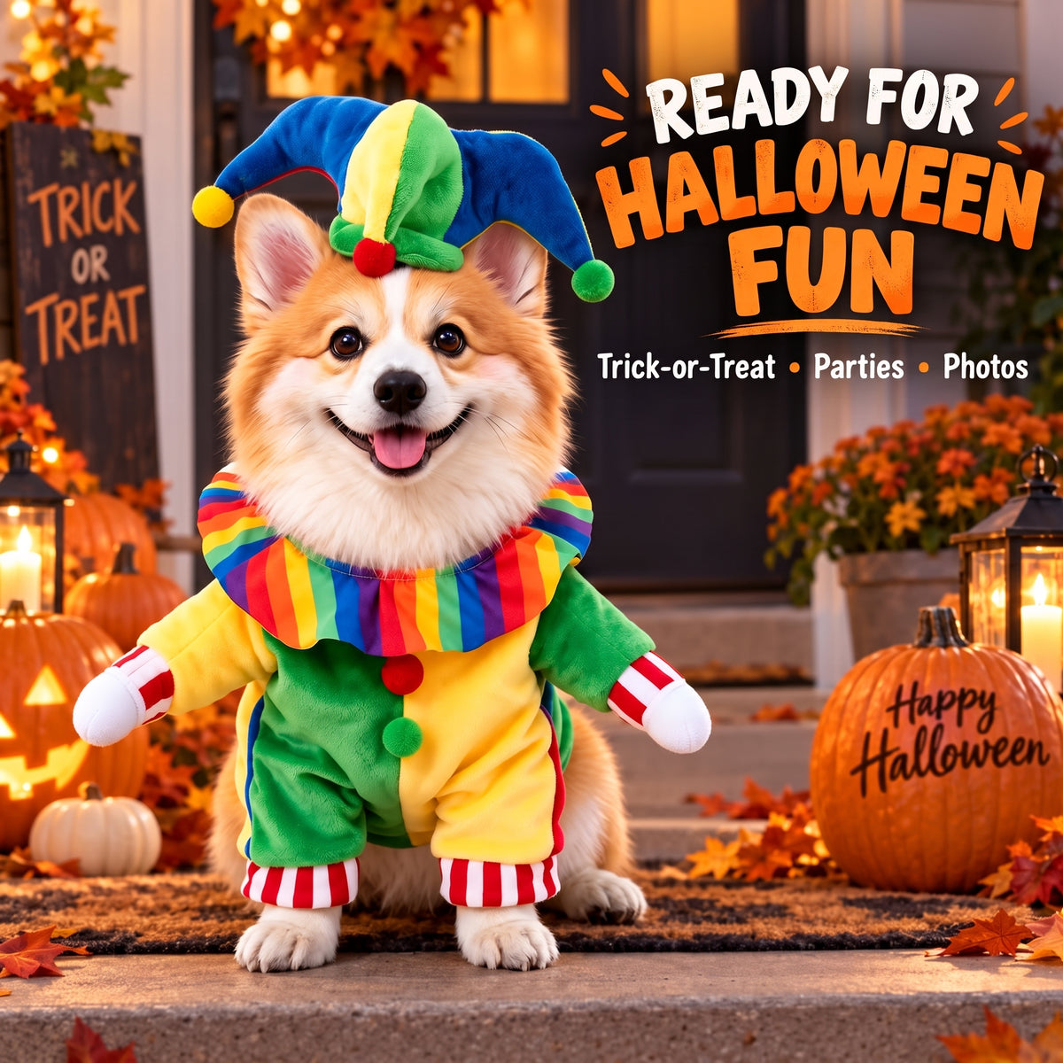 Jester Clown Dog Costume – Funny Halloween Pet Outfit with Jester Hat and Rainbow Ruffle Collar