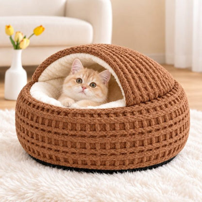 Calming Hooded Cat Cave Bed – Semi-Enclosed Covered Sleeping Dome Nest for Indoor Pets