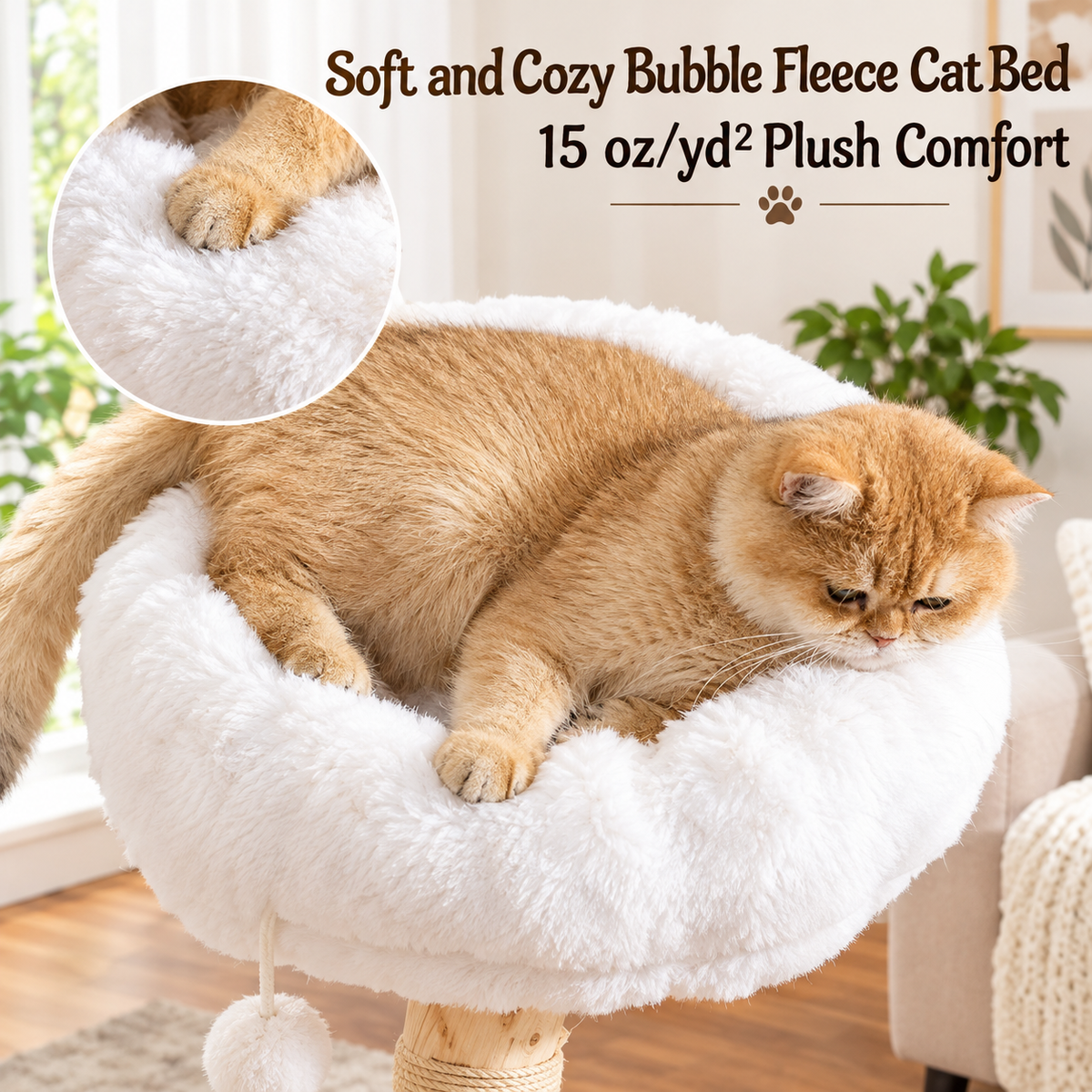 Cozy Modern Cat Tree – Elevated Perch Lounger With Scratching Post and Hanging Ball
