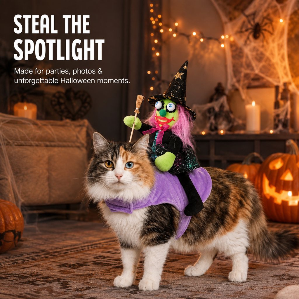 Riding Witch Pet Halloween Costume – 3D Doll Saddle Harness For Dogs And Cats