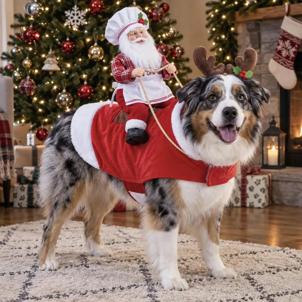 Reindeer Santa Dog Costume – Festive Holiday Plush Rider Pet Cosplay Outfit With Antler Hood