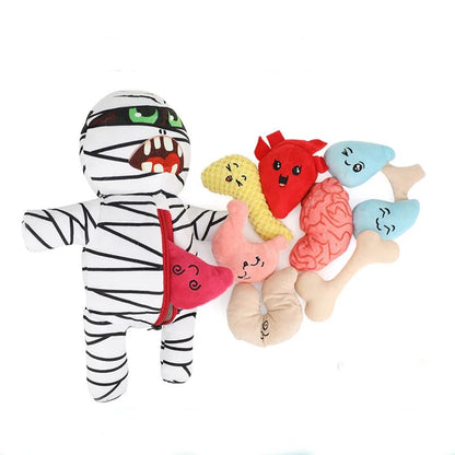 Halloween Mummy Dog Toy – Interactive Squeaky Plush Hide-and-Seek Burrow Puzzle with Removable Organs for Playful Pets