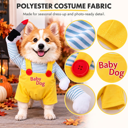 Spooky Doll Pet Halloween Costume – Funny Walking Illusion Outfit with Faux Knife for Parties and Photos