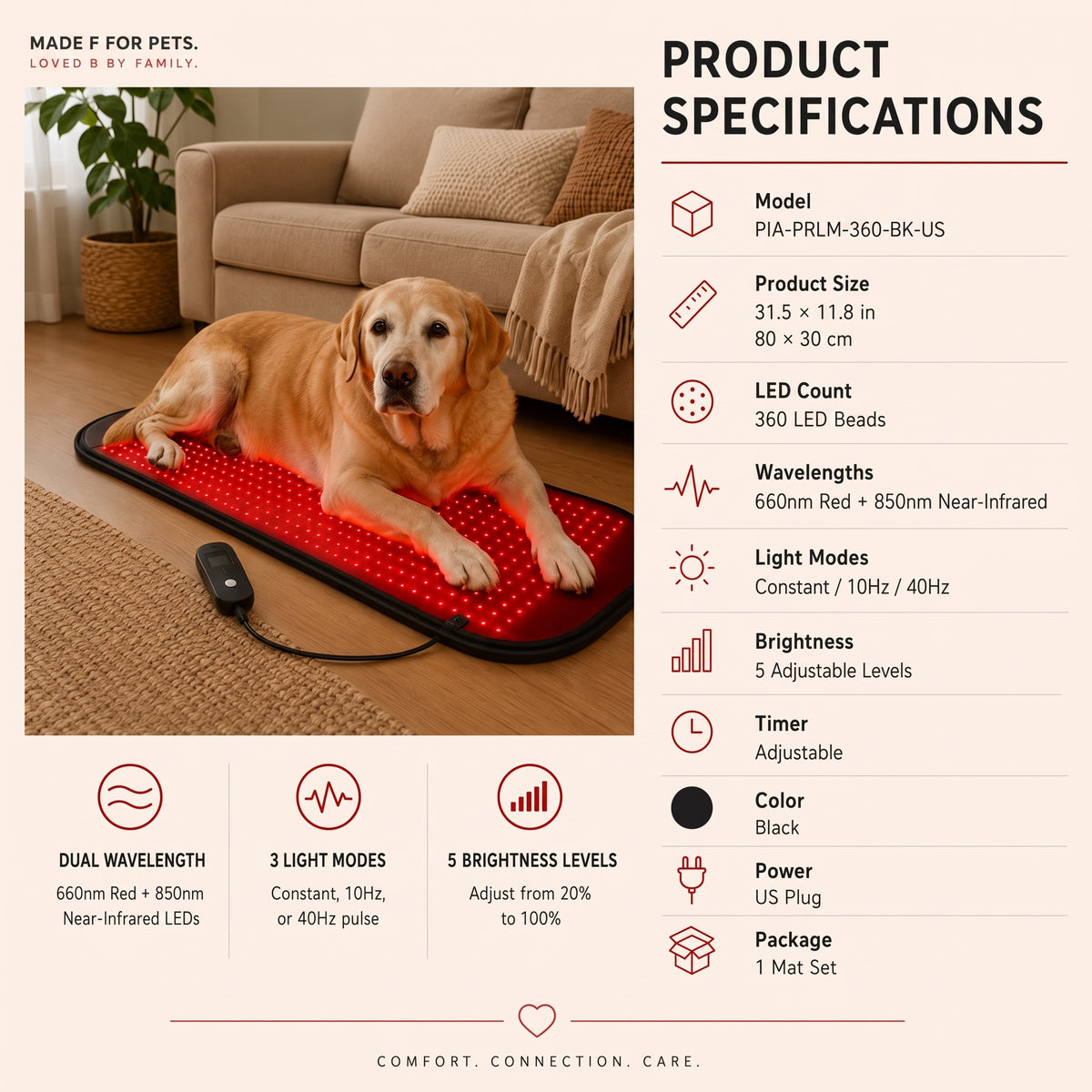 Red Light Therapy Pet Mat – Near-Infrared Dual-Wavelength LED Wellness Pad with Adjustable Controller for Dogs